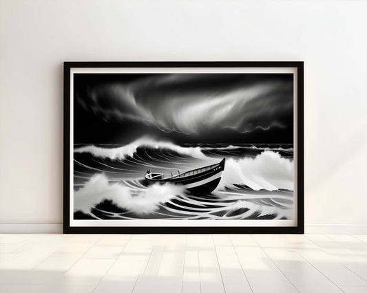 "A Solitary Struggle" Black and White Wooden Boat Watercolour Print.