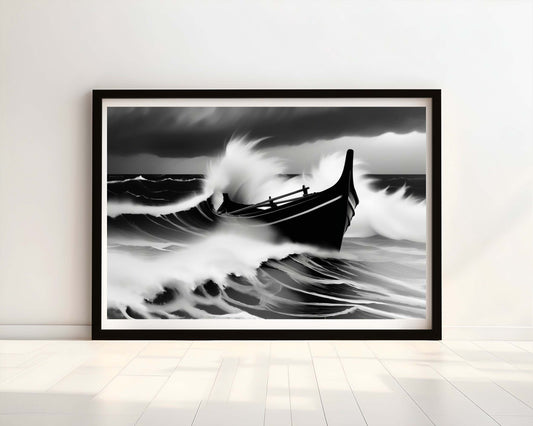 "In the Eye of the Storm" Black and White Wooden Boat Watercolour Print.