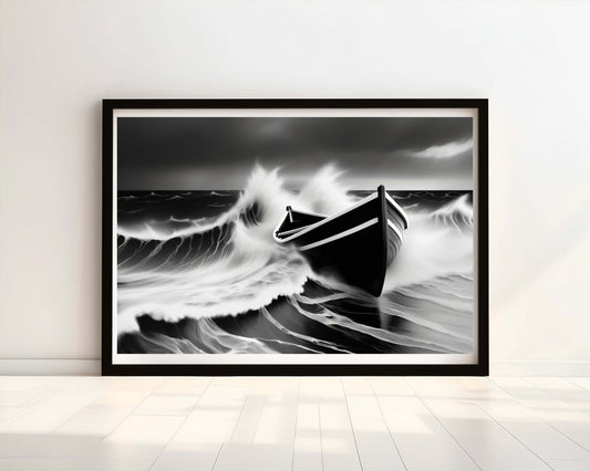 "Calm Within Chaos" Black and White Wooden Boat Watercolour Print.