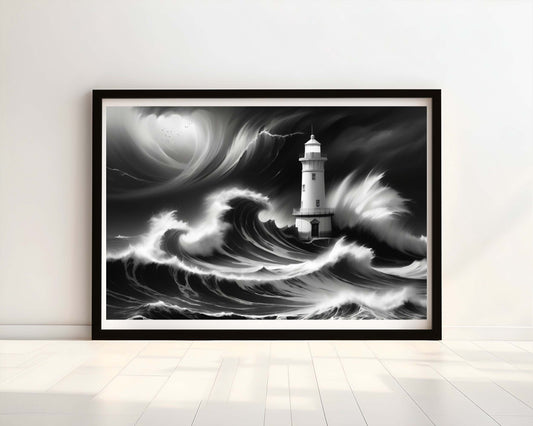 "Guardian of the Waves" Black and White Lighthouse Watercolour Print.