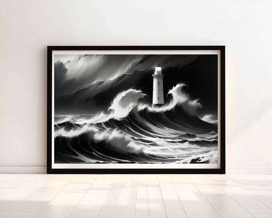 "Beacon in the Tempest" Black and White Lighthouse Watercolour Print.