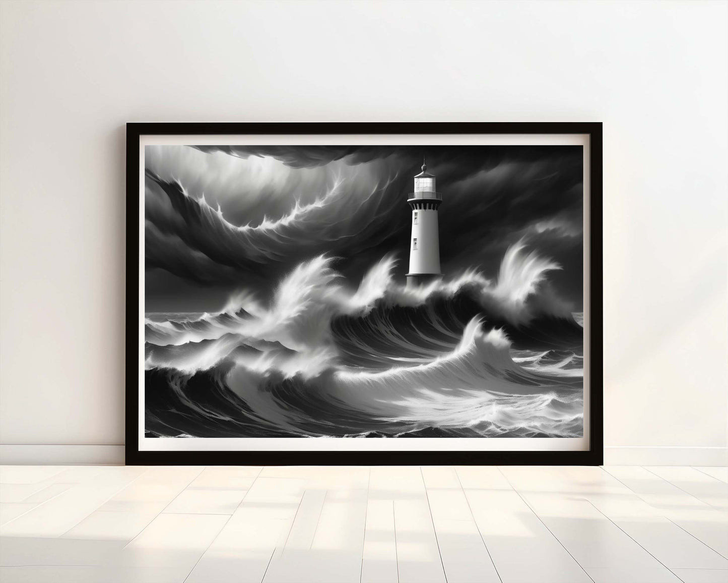 "Enduring Light, Relentless Sea" Black and White Lighthouse Watercolour Print.