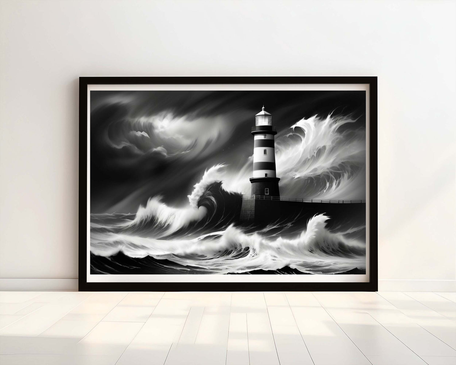 "Resilience Against the Storm" Black and White Lighthouse Watercolour Print.