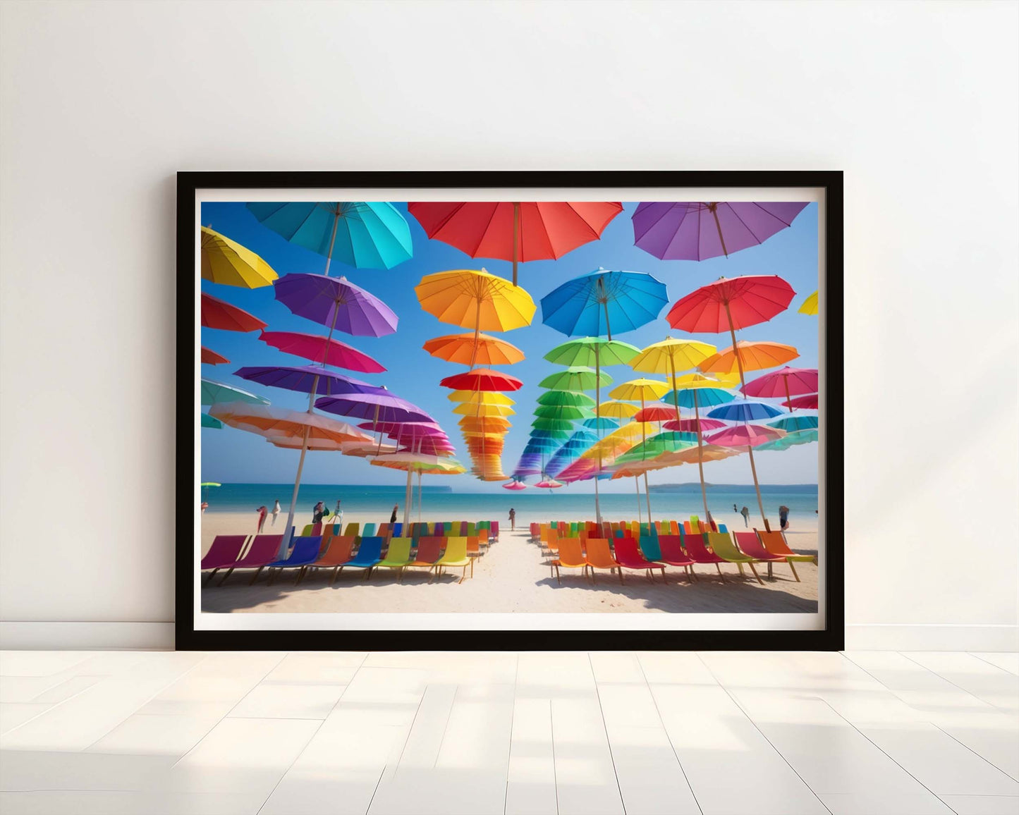 "A Vibrant Day by the Sea: The Parasols' Dance" Watercolour Print.