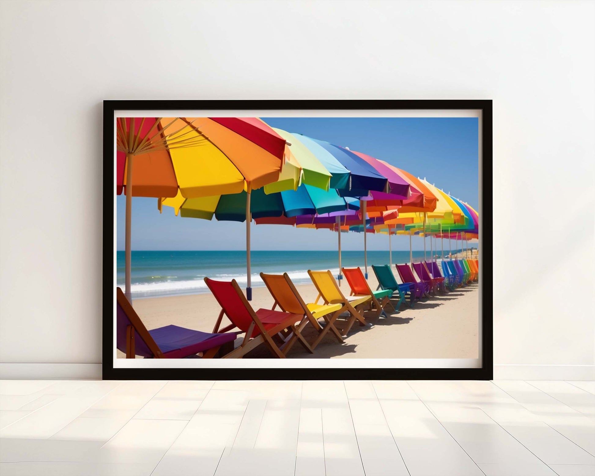 "Parasols in Paradise" Rainbow-Coloured Parasols Watercolour Print.