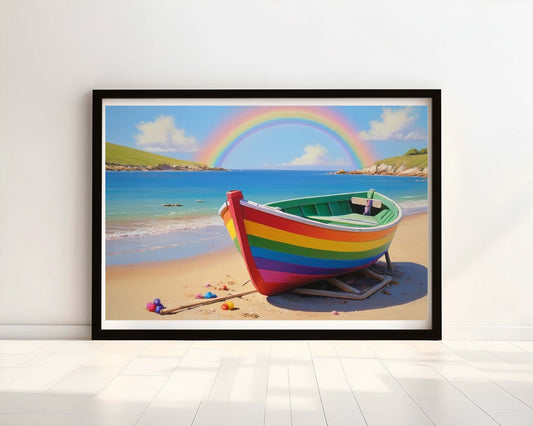 "Harbour of Hues" Rainbow-Coloured Wooden Fishing Boat Watercolour Print.