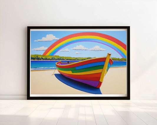 "Radiant Seas" Rainbow-Coloured Wooden Fishing Boat Watercolour Print.