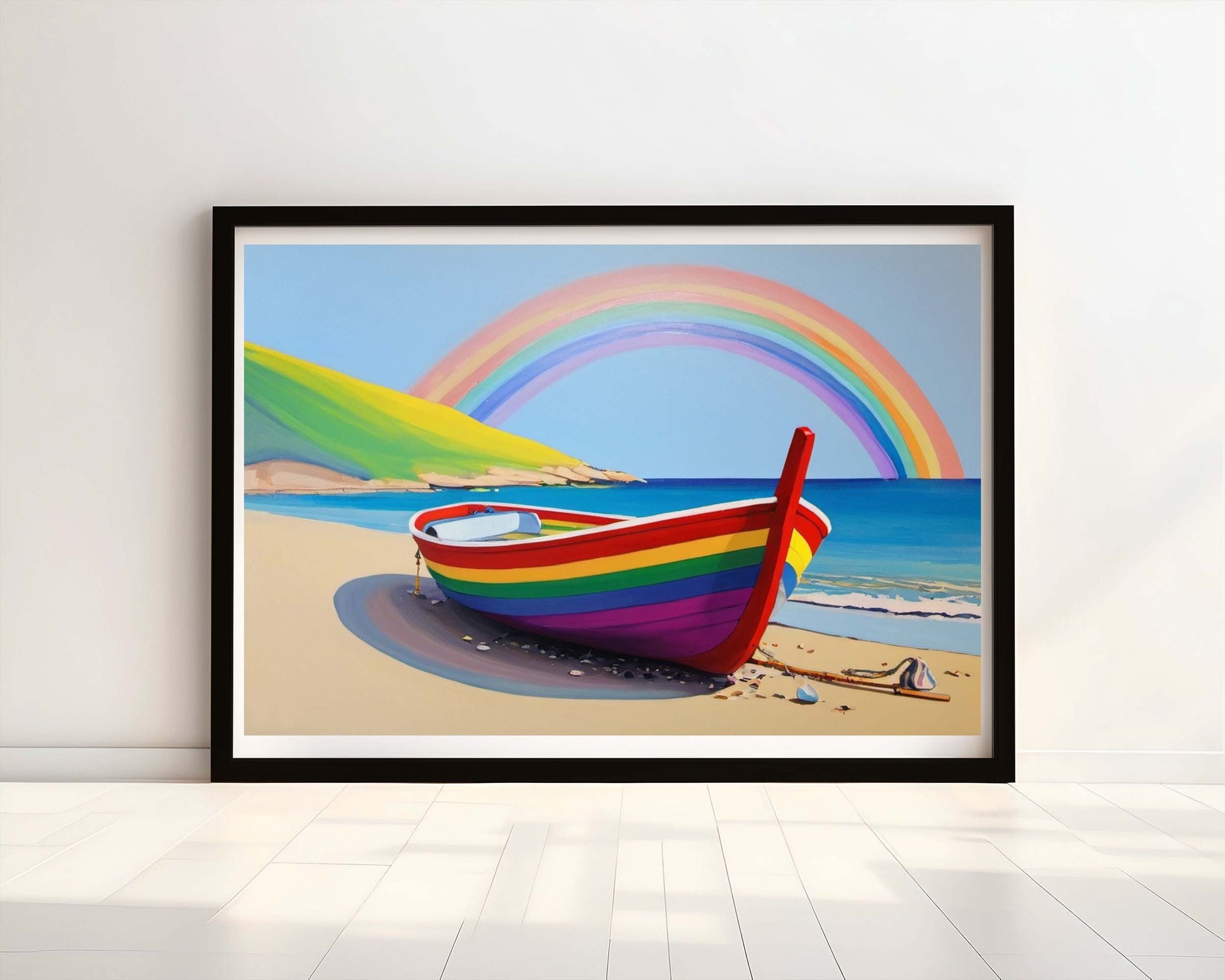 "Rainbow Reflections" Rainbow-Coloured Wooden Fishing Boat Watercolour Print.