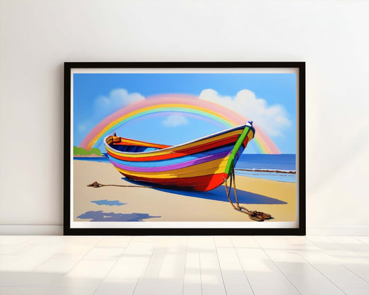 "Sailing Through Colours" Rainbow-Coloured Wooden Fishing Boat Watercolour Print.