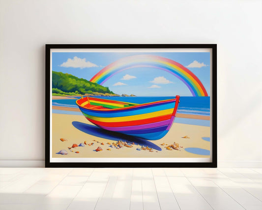 "The Colourful Catch" Rainbow-Coloured Wooden Fishing Boat Watercolour Print.