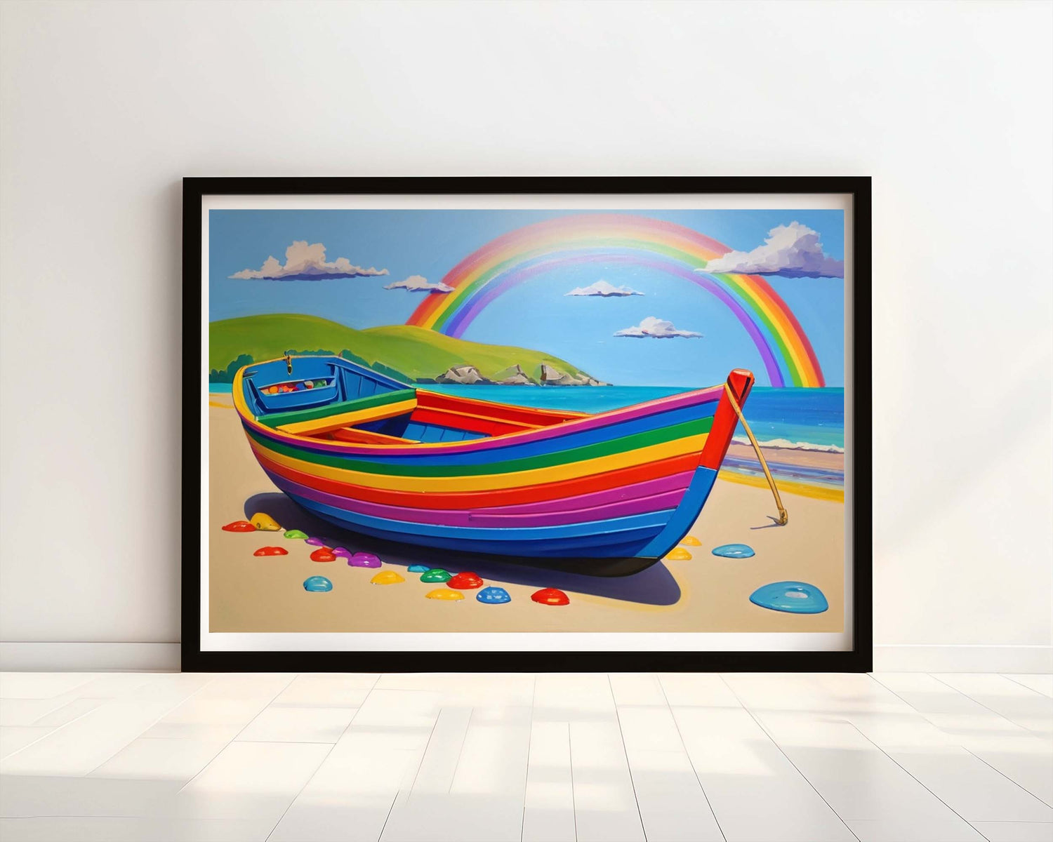 "The Spectrum Voyage" Rainbow-Coloured Wooden Fishing Boat Watercolour Print.