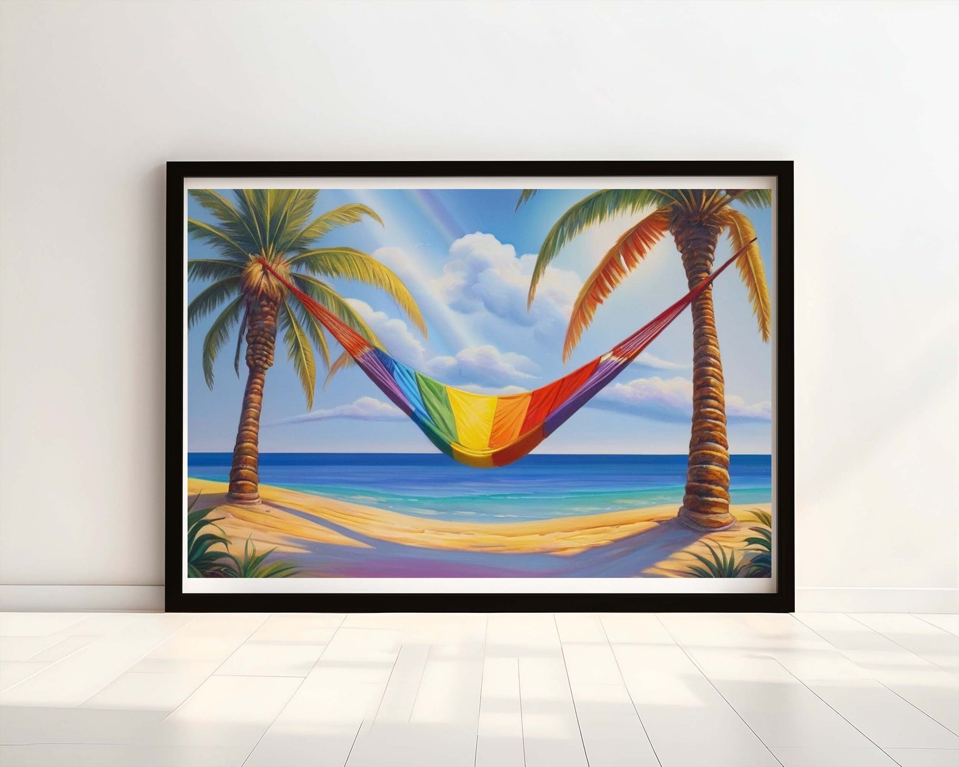 "Rainbow Nap" Watercolour Print - Dreamy Hammock on a Beach.