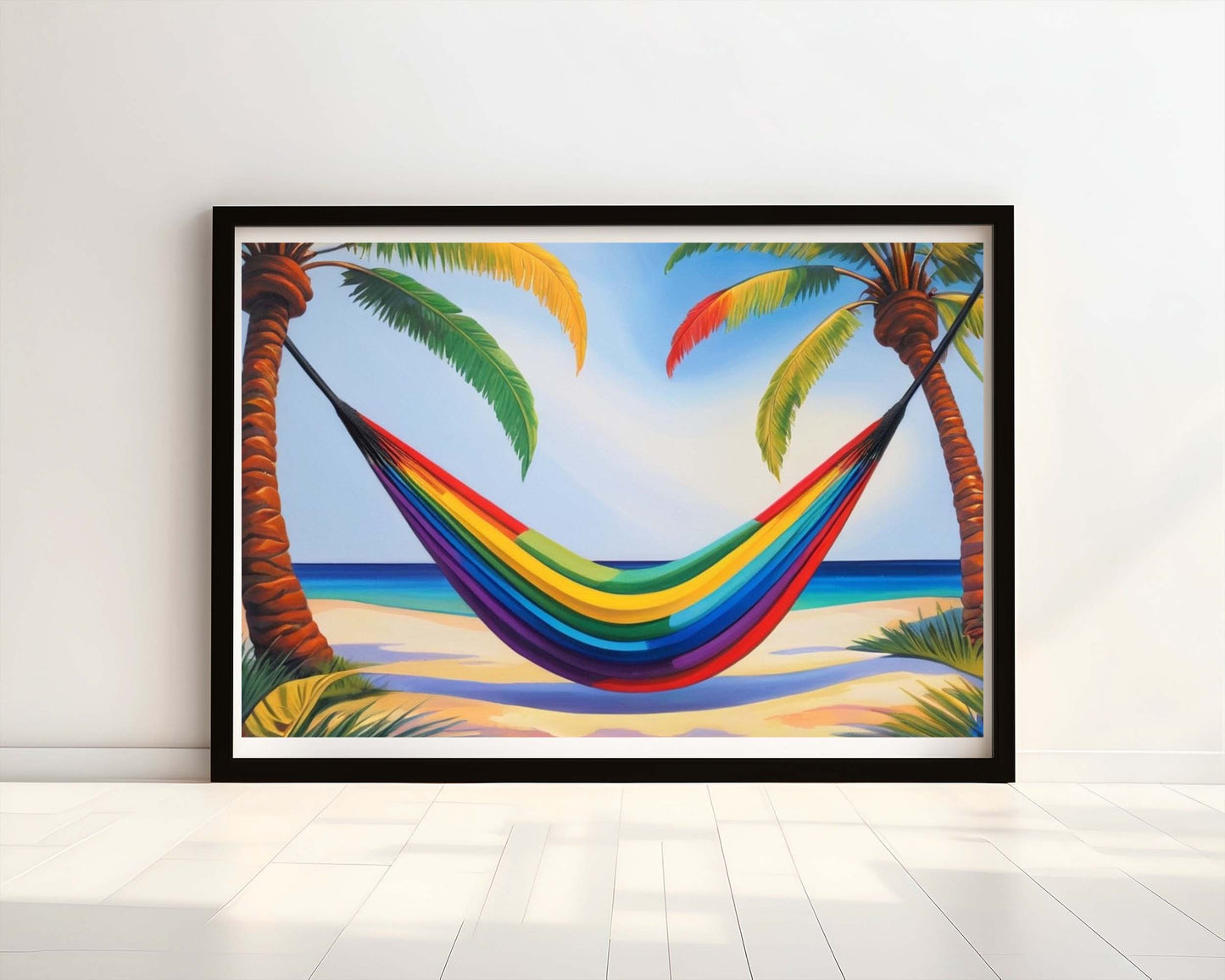 "Rainbow Dreams" Watercolour Print - Dreamy Hammock on a Beach.