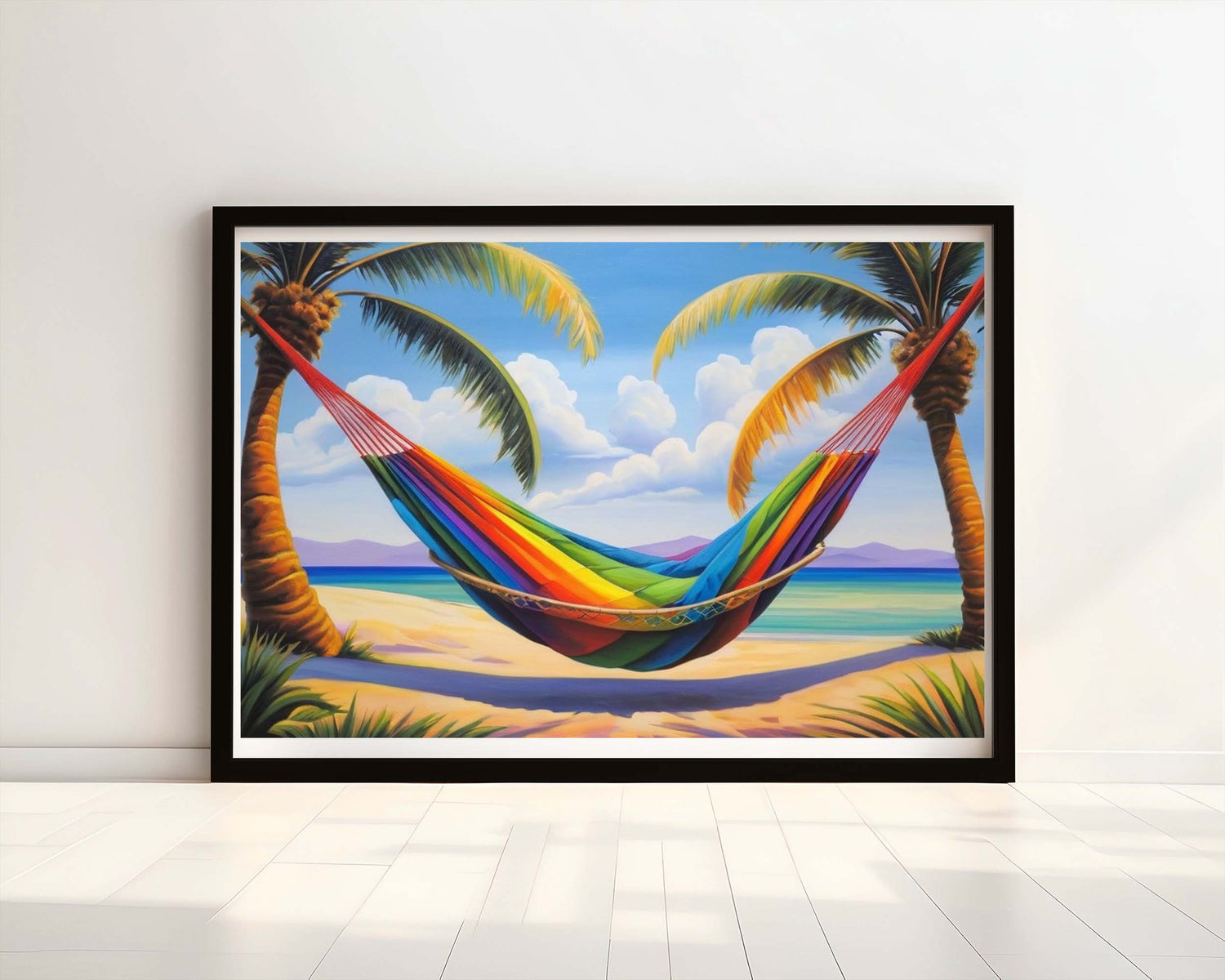 "Rainbow Siesta" Watercolour Print - Dreamy Hammock on a Beach.