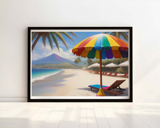 Tropical Hues: Rainbow Parasols on Golden Sands" Watercolour Print.