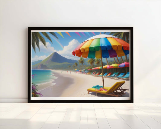 "Rainbow Retreat: Parasols on a Sunlit Shore" Watercolour Print.