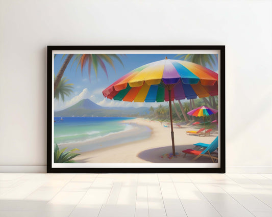 "Coastal Spectrum: Multicoloured Parasols by the Sea" Watercolour Print.