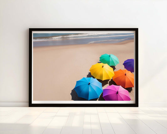 "Rainbow Retreat: A Beach Day Under Colourful Parasols" Watercolour Print