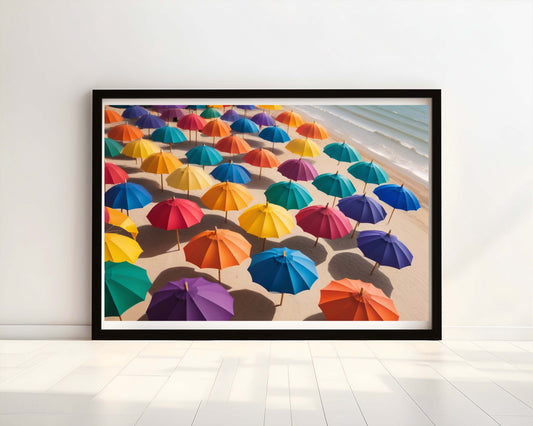 "Beach Bliss: Rainbow Parasols in the Sunshine" Watercolour Print