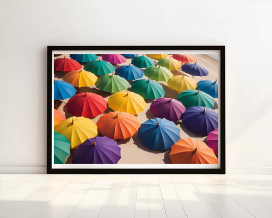 "Waves of Colour: Vibrant Parasols on a Sandy Shore" Watercolour Print